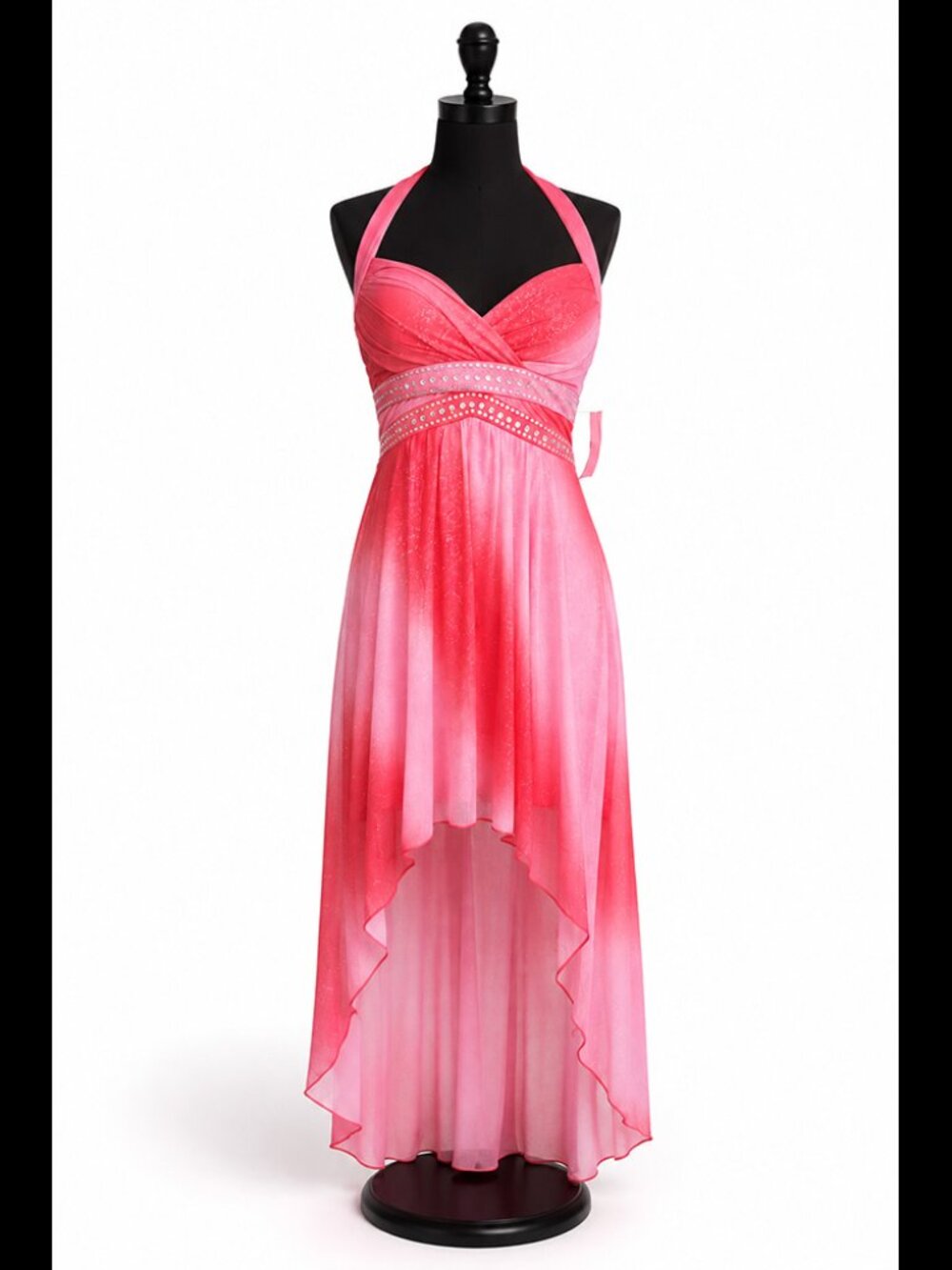 Trixxi Pink Ombre Glitter Rhinestone Halter High Low Prom Dress
